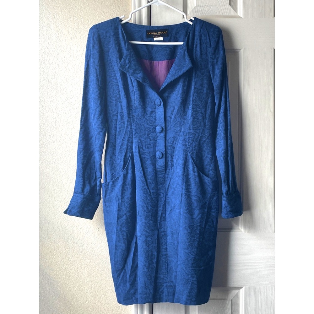 Donna Ricco NWOT Vintage Floral Peacoat with Shoulder Pads - Blue